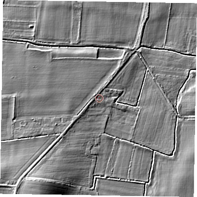 Shaded relief map of the ground around NG236RY, computed from Environment Agency LiDAR. The ground here sits at about 8 m above sea level and falls 7 m across the surrounding 800 m. Surface water reaching this point runs off ground lying to the west-north-west, 0.8 m higher.