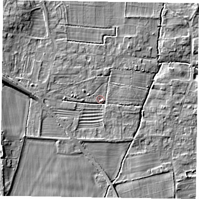 Shaded relief map of the ground around NG236SD, computed from Environment Agency LiDAR. The ground here sits at about 8 m above sea level and falls 9 m across the surrounding 800 m. Surface water reaching this point runs off ground lying to the east-south-east, 2.7 m higher.