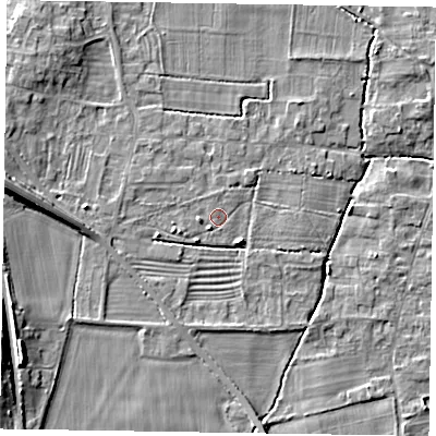 Shaded relief map of the ground around NG236SE, computed from Environment Agency LiDAR. The ground here sits at about 9 m above sea level and falls 10 m across the surrounding 800 m. Surface water reaching this point runs off ground lying to the south-west, 1.5 m higher.