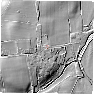 Shaded relief map of the ground around NG236SG, computed from Environment Agency LiDAR. The ground here sits at about 12 m above sea level and falls 15 m across the surrounding 800 m. Surface water reaching this point runs off ground lying to the west, 6.9 m higher.