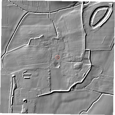 Shaded relief map of the ground around NG236SL, computed from Environment Agency LiDAR. The ground here sits at about 7 m above sea level and falls 9 m across the surrounding 800 m. Surface water reaching this point runs off ground lying to the south-west, 7.3 m higher.