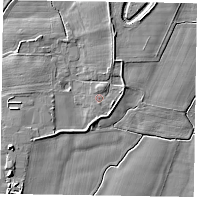 Shaded relief map of the ground around NG236SN, computed from Environment Agency LiDAR. The ground here sits at about 8 m above sea level and falls 9 m across the surrounding 800 m. Surface water reaching this point runs off ground lying to the east-south-east, 1.4 m higher.