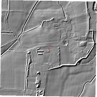 Shaded relief map of the ground around NG236SP, computed from Environment Agency LiDAR. The ground here sits at about 8 m above sea level and falls 9 m across the surrounding 800 m. Surface water reaching this point runs off ground lying to the south-south-west, 5.6 m higher.