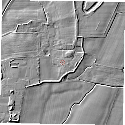 Shaded relief map of the ground around NG236SR, computed from Environment Agency LiDAR. The ground here sits at about 7 m above sea level and falls 9 m across the surrounding 800 m. Surface water reaching this point runs off ground lying to the south-west, 2.8 m higher.