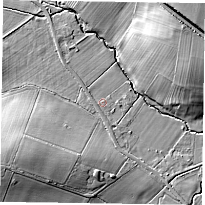 Shaded relief map of the ground around NG236TE, computed from Environment Agency LiDAR. The ground here sits at about 17 m above sea level and falls 16 m across the surrounding 800 m. Surface water reaching this point runs off ground lying to the west-south-west, 0.6 m higher.