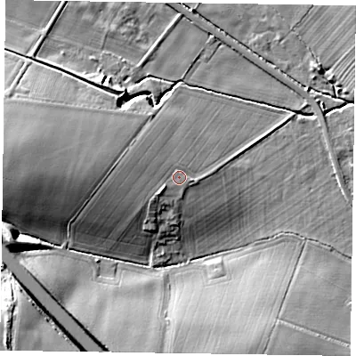 Shaded relief map of the ground around NG236TF, computed from Environment Agency LiDAR. The ground here sits at about 25 m above sea level and falls 20 m across the surrounding 800 m. Surface water reaching this point runs off ground lying to the west, 6.3 m higher.