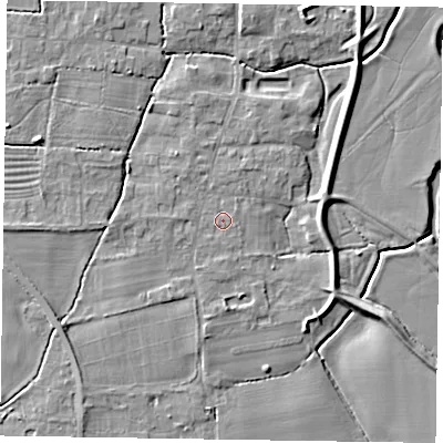 Shaded relief map of the ground around NG236UA, computed from Environment Agency LiDAR. The ground here sits at about 8 m above sea level and falls 6 m across the surrounding 800 m. Surface water reaching this point runs off ground lying to the south-south-west, 0.5 m higher.