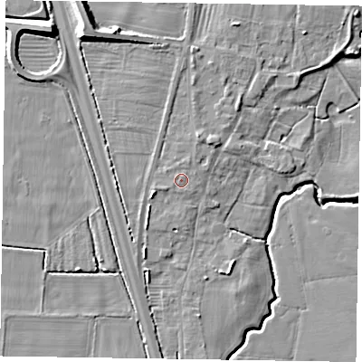 Shaded relief map of the ground around NG236UJ, computed from Environment Agency LiDAR. The ground here sits at about 9 m above sea level and falls 12 m across the surrounding 800 m. Surface water reaching this point runs off ground lying to the north-north-west, 0.5 m higher.