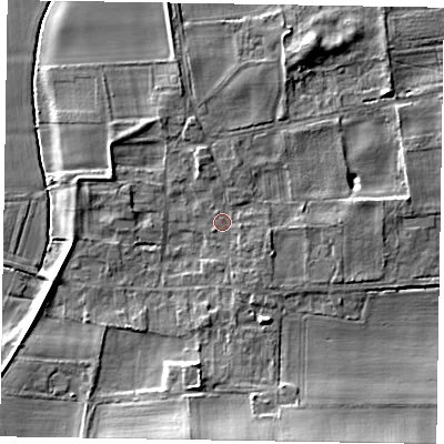 Shaded relief map of the ground around NG237AA, computed from Environment Agency LiDAR. The ground here sits at about 8 m above sea level and falls 11 m across the surrounding 800 m. Surface water reaching this point runs off ground lying to the south, 8.0 m higher.