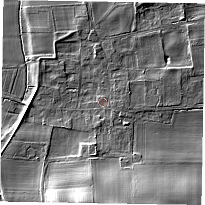Shaded relief map of the ground around NG237AB, computed from Environment Agency LiDAR. The ground here sits at about 8 m above sea level and falls 17 m across the surrounding 800 m. Surface water reaching this point runs off ground lying to the south, 12.9 m higher.