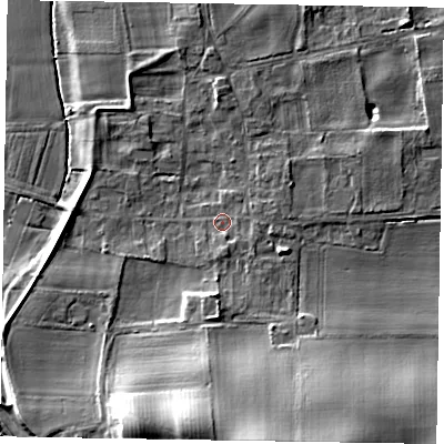 Shaded relief map of the ground around NG237AD, computed from Environment Agency LiDAR. The ground here sits at about 8 m above sea level and falls 18 m across the surrounding 800 m. Surface water reaching this point runs off ground lying to the south, 12.9 m higher.