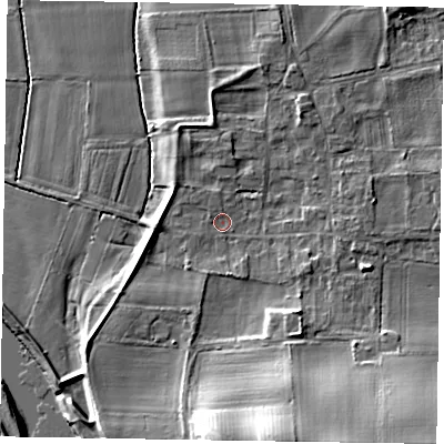 Shaded relief map of the ground around NG237AE, computed from Environment Agency LiDAR. The ground here sits at about 7 m above sea level and falls 18 m across the surrounding 800 m. Surface water reaching this point runs off ground lying to the south-south-east, 13.6 m higher.