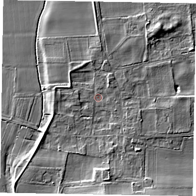 Shaded relief map of the ground around NG237AF, computed from Environment Agency LiDAR. The ground here sits at about 7 m above sea level and falls 9 m across the surrounding 800 m. Surface water reaching this point runs off ground lying to the west-south-west, 2.6 m higher.