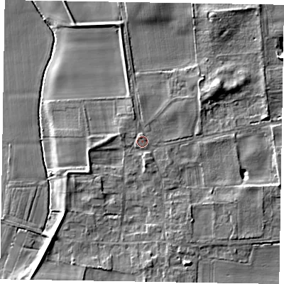 Shaded relief map of the ground around NG237AG, computed from Environment Agency LiDAR. The ground here sits at about 8 m above sea level and falls 8 m across the surrounding 800 m. Surface water reaching this point runs off ground lying to the south, 1.8 m higher.