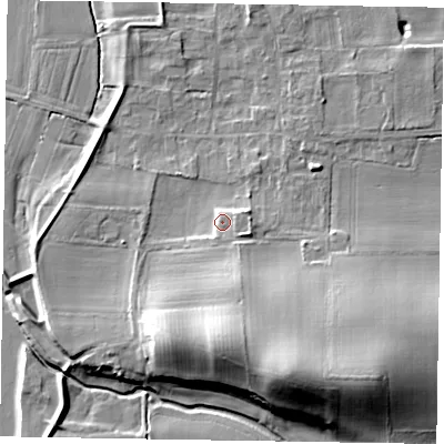 Shaded relief map of the ground around NG237AH, computed from Environment Agency LiDAR. The ground here sits at about 10 m above sea level and falls 21 m across the surrounding 800 m. Surface water reaching this point runs off ground lying to the south-east, 2.5 m higher.