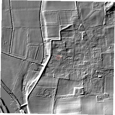 Shaded relief map of the ground around NG237AJ, computed from Environment Agency LiDAR. The ground here sits at about 8 m above sea level and falls 14 m across the surrounding 800 m. Surface water reaching this point runs off ground lying to the south-south-east, 9.4 m higher.