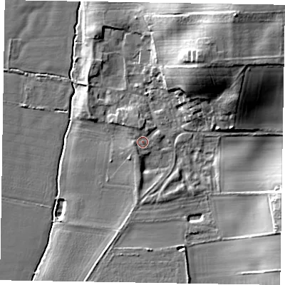 Shaded relief map of the ground around NG237AL, computed from Environment Agency LiDAR. The ground here sits at about 9 m above sea level and falls 20 m across the surrounding 800 m. Surface water reaching this point runs off ground lying to the north, 1.7 m higher.