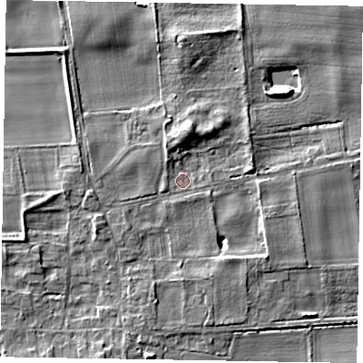 Shaded relief map of the ground around NG237AN, computed from Environment Agency LiDAR. The ground here sits at about 8 m above sea level and falls 7 m across the surrounding 800 m. Surface water reaching this point runs off ground lying to the west-south-west, 1.2 m higher.