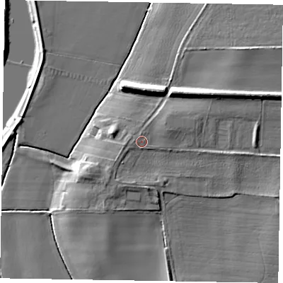 Shaded relief map of the ground around NG237AP, computed from Environment Agency LiDAR. The ground here sits at about 9 m above sea level and falls 12 m across the surrounding 800 m. Surface water reaching this point runs off ground lying to the west, 1.0 m higher.