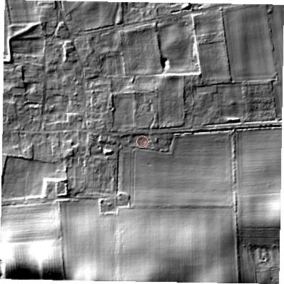 Shaded relief map of the ground around NG237AQ, computed from Environment Agency LiDAR. The ground here sits at about 7 m above sea level and falls 18 m across the surrounding 800 m. Surface water reaching this point runs off ground lying to the north-east, 1.4 m higher.