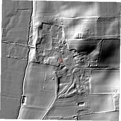 Shaded relief map of the ground around NG237AR, computed from Environment Agency LiDAR. The ground here sits at about 8 m above sea level and falls 20 m across the surrounding 800 m. Surface water reaching this point runs off ground lying to the north-east, 17.1 m higher.