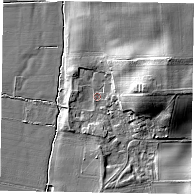 Shaded relief map of the ground around NG237AS, computed from Environment Agency LiDAR. The ground here sits at about 7 m above sea level and falls 20 m across the surrounding 800 m. Surface water reaching this point runs off ground lying to the east, 17.0 m higher.