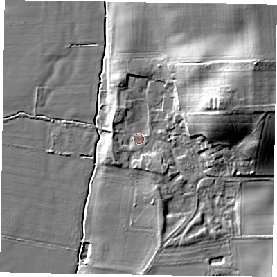 Shaded relief map of the ground around NG237AT, computed from Environment Agency LiDAR. The ground here sits at about 7 m above sea level and falls 20 m across the surrounding 800 m. Surface water reaching this point runs off ground lying to the south-west, 2.2 m higher.
