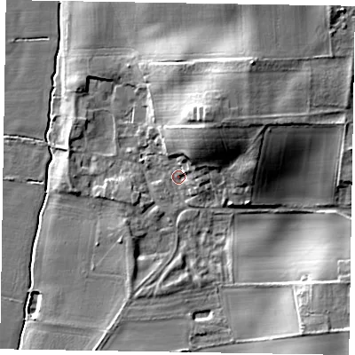 Shaded relief map of the ground around NG237AU, computed from Environment Agency LiDAR. The ground here sits at about 9 m above sea level and falls 20 m across the surrounding 800 m. Surface water reaching this point runs off ground lying to the north-north-east, 14.7 m higher.