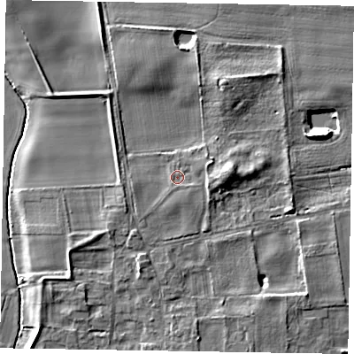 Shaded relief map of the ground around NG237AW, computed from Environment Agency LiDAR. The ground here sits at about 8 m above sea level and falls 9 m across the surrounding 800 m. Surface water reaching this point runs off ground lying to the east, 2.7 m higher.