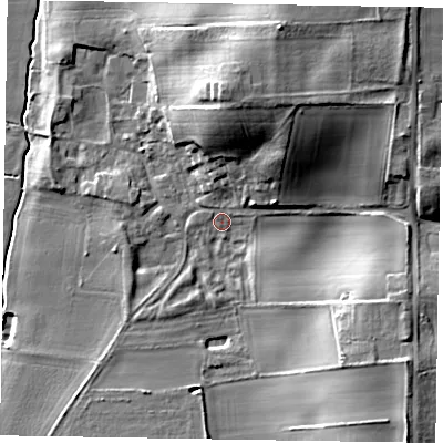 Shaded relief map of the ground around NG237AY, computed from Environment Agency LiDAR. The ground here sits at about 8 m above sea level and falls 20 m across the surrounding 800 m. Surface water reaching this point runs off ground lying to the north, 15.8 m higher.