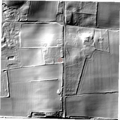 Shaded relief map of the ground around NG237AZ, computed from Environment Agency LiDAR. The ground here sits at about 18 m above sea level and falls 14 m across the surrounding 800 m. Surface water reaching this point runs off ground lying to the south-east, 2.7 m higher.