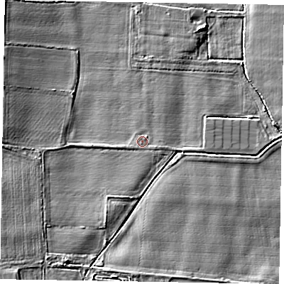 Shaded relief map of the ground around NG237BA, computed from Environment Agency LiDAR. The ground here sits at about 6 m above sea level and falls 6 m across the surrounding 800 m. Surface water reaching this point runs off ground lying to the north-east, 0.5 m higher.