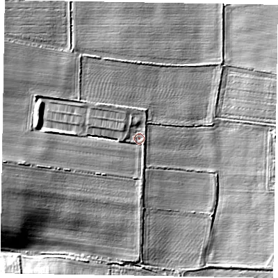 Shaded relief map of the ground around NG237BB, computed from Environment Agency LiDAR. The ground here sits at about 9 m above sea level and falls 10 m across the surrounding 800 m. Surface water reaching this point runs off ground lying to the west, 6.2 m higher.