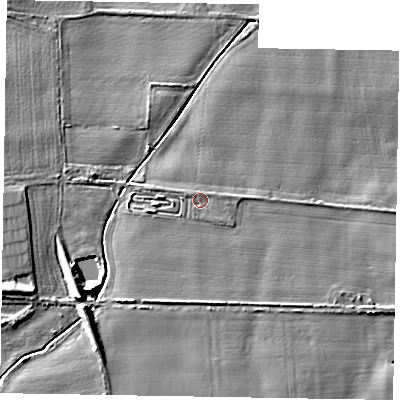 Shaded relief map of the ground around NG237BD, computed from Environment Agency LiDAR. The ground here sits at about 6 m above sea level and falls 7 m across the surrounding 800 m. Surface water reaching this point runs off ground lying to the west-north-west, 0.8 m higher.