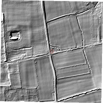 Shaded relief map of the ground around NG237BE, computed from Environment Agency LiDAR. The ground here sits at about 7 m above sea level and falls 7 m across the surrounding 800 m. Surface water reaching this point runs off ground lying to the west-south-west, 2.9 m higher.