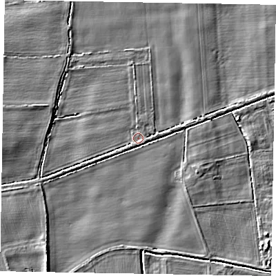 Shaded relief map of the ground around NG237BG, computed from Environment Agency LiDAR. The ground here sits at about 6 m above sea level and falls 4 m across the surrounding 800 m. Surface water reaching this point runs off ground lying to the west, 2.8 m higher.
