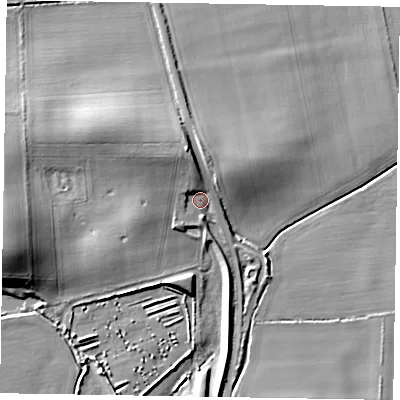 Shaded relief map of the ground around NG237BH, computed from Environment Agency LiDAR. The ground here sits at about 9 m above sea level and falls 14 m across the surrounding 800 m. Surface water reaching this point runs off ground lying to the north-north-west, 4.3 m higher.