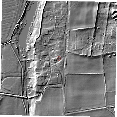 Shaded relief map of the ground around NG237BN, computed from Environment Agency LiDAR. The ground here sits at about 8 m above sea level and falls 8 m across the surrounding 800 m. Surface water reaching this point runs off ground lying to the south-south-east, 1.2 m higher.