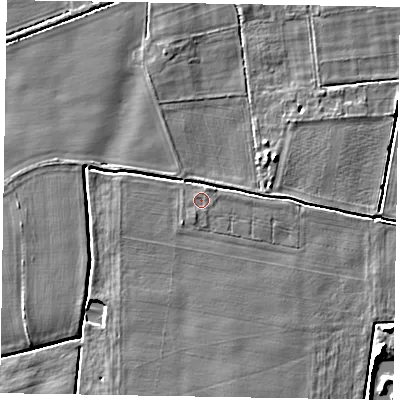 Shaded relief map of the ground around NG237BQ, computed from Environment Agency LiDAR. The ground here sits at about 6 m above sea level and falls 6 m across the surrounding 800 m. Surface water reaching this point runs off ground lying to the south-south-west, 0.5 m higher.