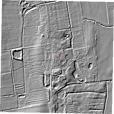 Shaded relief map of the ground around NG237BS, computed from Environment Agency LiDAR. The ground here sits at about 9 m above sea level and falls 6 m across the surrounding 800 m. Surface water reaching this point runs off ground lying to the south-west, 1.0 m higher.