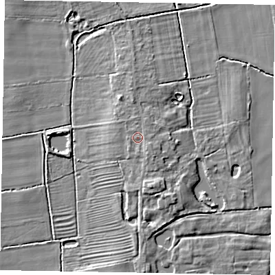 Shaded relief map of the ground around NG237BT, computed from Environment Agency LiDAR. The ground here sits at about 8 m above sea level and falls 6 m across the surrounding 800 m. Surface water reaching this point runs off ground lying to the south-south-east, 1.2 m higher.