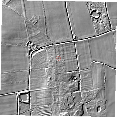Shaded relief map of the ground around NG237BU, computed from Environment Agency LiDAR. The ground here sits at about 7 m above sea level and falls 6 m across the surrounding 800 m. Surface water reaching this point runs off ground lying to the south-south-west, 1.4 m higher.
