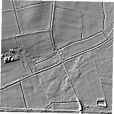 Shaded relief map of the ground around NG237BW, computed from Environment Agency LiDAR. The ground here sits at about 6 m above sea level and falls 10 m across the surrounding 800 m. Surface water reaching this point runs off ground lying to the west-north-west, 4.7 m higher.