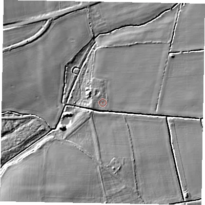 Shaded relief map of the ground around NG237BX, computed from Environment Agency LiDAR. The ground here sits at about 6 m above sea level and falls 6 m across the surrounding 800 m. Surface water reaching this point runs off ground lying to the west-south-west, 0.9 m higher.