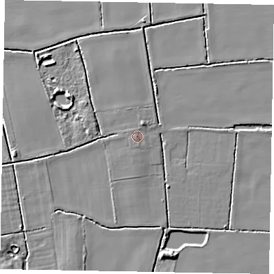 Shaded relief map of the ground around NG237BY, computed from Environment Agency LiDAR. The ground here sits at about 7 m above sea level and falls 5 m across the surrounding 800 m. The ground contributing surface water to this point lies to the south-west.