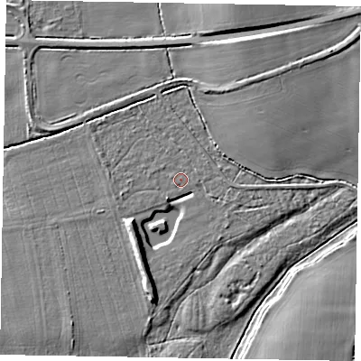 Shaded relief map of the ground around NG237BZ, computed from Environment Agency LiDAR. The ground here sits at about 6 m above sea level and falls 7 m across the surrounding 800 m. Surface water reaching this point runs off ground lying to the south-west, 6.2 m higher.