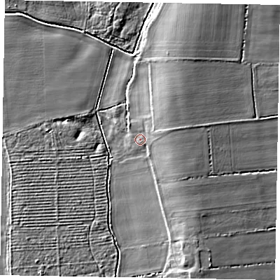 Shaded relief map of the ground around NG237DA, computed from Environment Agency LiDAR. The ground here sits at about 7 m above sea level and falls 9 m across the surrounding 800 m. Surface water reaching this point runs off ground lying to the east-north-east, 3.9 m higher.