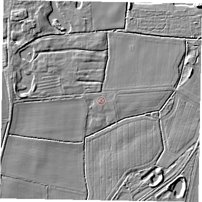 Shaded relief map of the ground around NG237DD, computed from Environment Agency LiDAR. The ground here sits at about 6 m above sea level and falls 8 m across the surrounding 800 m. Surface water reaching this point runs off ground lying to the west, 0.9 m higher.