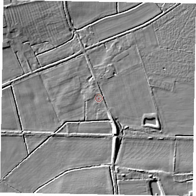 Shaded relief map of the ground around NG237DF, computed from Environment Agency LiDAR. The ground here sits at about 6 m above sea level and falls 7 m across the surrounding 800 m. Surface water reaching this point runs off ground lying to the south-south-east, 6.8 m higher.