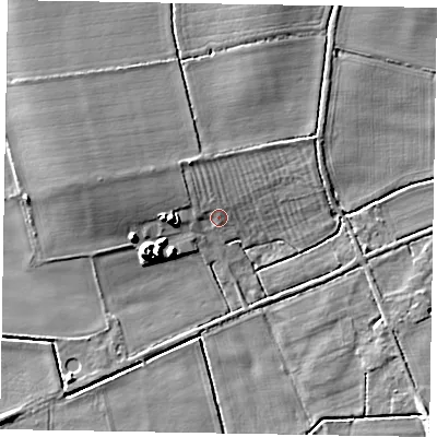 Shaded relief map of the ground around NG237DG, computed from Environment Agency LiDAR. The ground here sits at about 8 m above sea level and falls 10 m across the surrounding 800 m. Surface water reaching this point runs off ground lying to the west, 5.5 m higher.